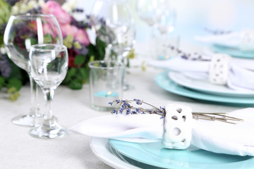 Dining table setting with lavender flowers
