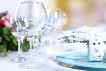 Dining table setting with lavender flowers