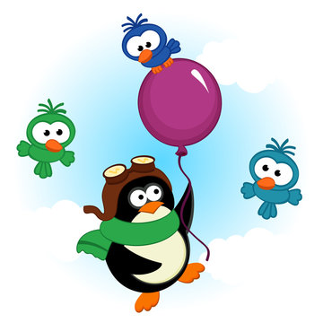 penguin on balloon - vector  illustration, eps