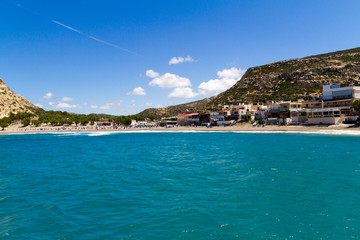 Panoramic skyline view of Matala beach south Crete