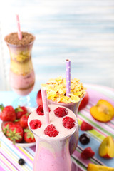 Delicious smoothie on table, close-up