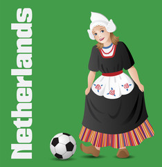 Naklejka premium Dutch girl in national costume with soccer ball