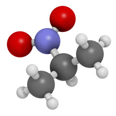 Nitropropane (2-nitropropane, 2-NP) chemical solvent molecule. 