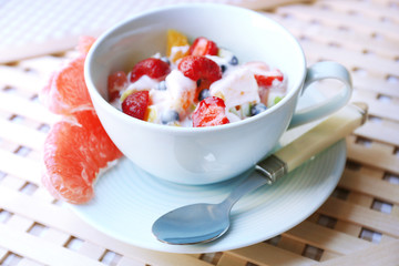 Useful homemade fruit salad, close-up