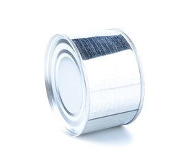Aluminum tin can on a white background.