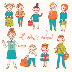 The teacher with the students. Back to school.