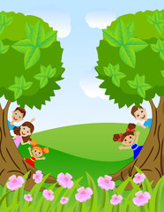 children peek out from trees