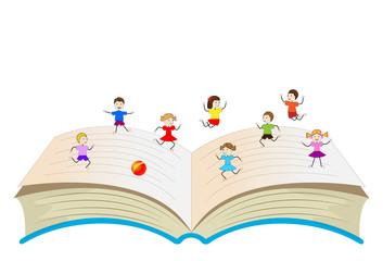 open book with playing children