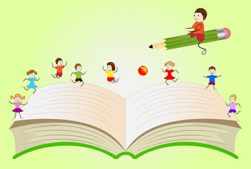 open book with playing children and boy, flying on a pencil