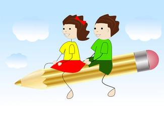 girl and boy fly on a pencil