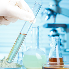 Hand in glove with test tube in laboratory