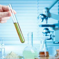 Hand with test tube in laboratory, medical research