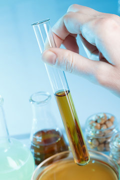 Hand with test tube in laboratory, medical or chemical research