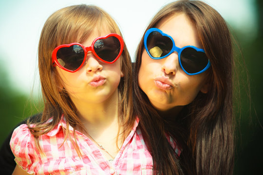 Summer. Mother And Kid In Sunglasses Making Funny Faces