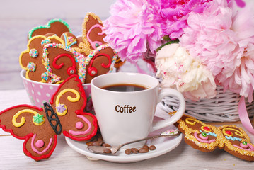 coffee and butterfly shaped gingerbread cookies