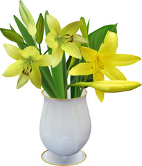 yellow lily in vase isolated on white