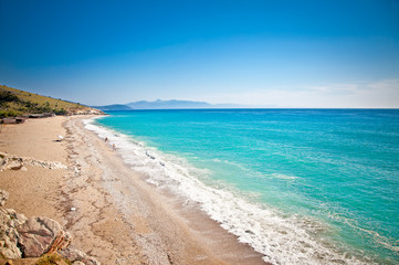 Beautiful sandy beach Lukova in Albania. - obrazy, fototapety, plakaty
