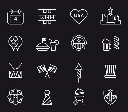 Set of white outlined icons in a black background related to 4th of July