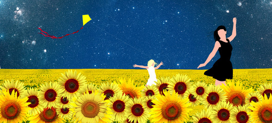 Mother and Daughter walking in a sunflowers field