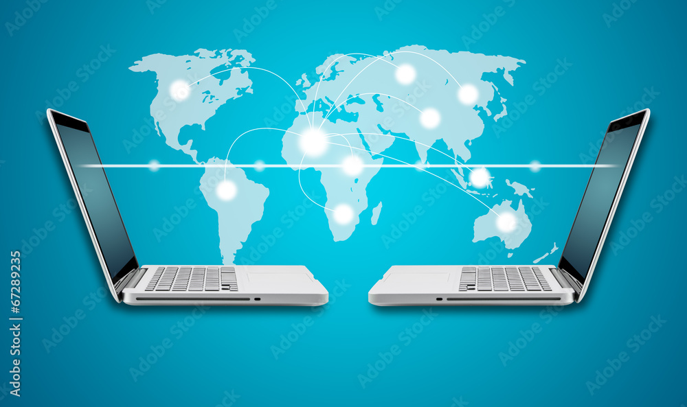 Poster technology computer laptop and networking concept with map