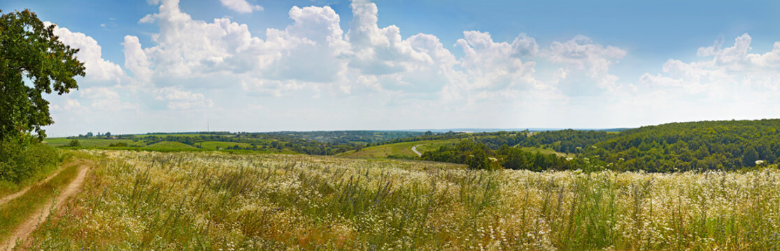 Hilly rural panoramic landscape. Summer, Ukraine.