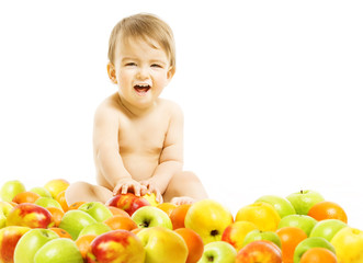 Fototapeta na wymiar Baby food. Child sitting inside fruits over white background.