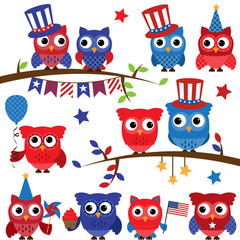 Naklejka premium Set of Vector Fourth of July or Patriotic Owls and Branches 