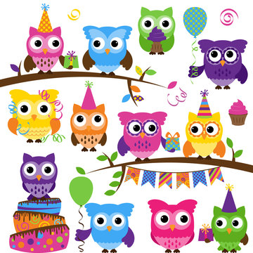 Vector Collection of Party or Celebration Themed Owls 
