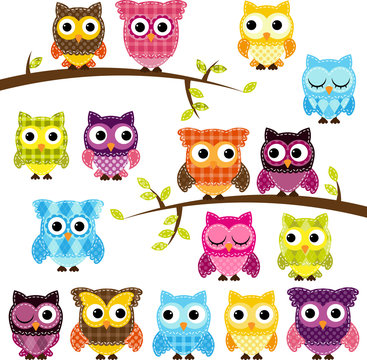 Vector Set of Patchwork Or Quilt Style Owls and Branches