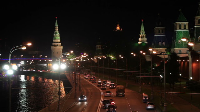 Moscow Kremlin at night. Bokeh lights.