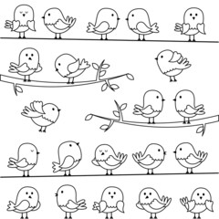 Vector Set of Line Art Cartoon Birds