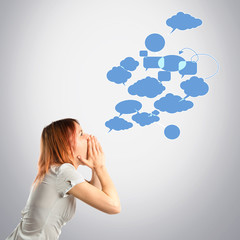 Young girl shouting over grey background