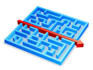 Red arrow breaking through blue maze.