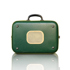 Naklejka premium Retro recorder, audio system, collage of music, background