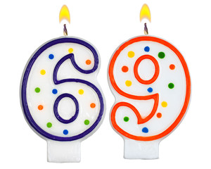 Birthday candles number sixty nine isolated on white background
