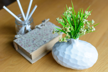 plant in vase with book on wooden table