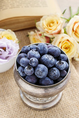 Silver bowl of blueberries
