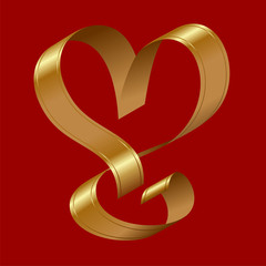 vector shiny gold ribbon in the shape of a heart on a red backgr