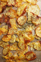 Homemade potato chips close up