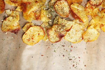 Homemade potato chips close up
