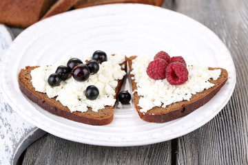 Bread with cottage cheese and berries on plate close-up
