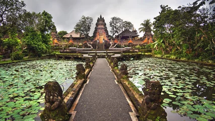 Wandcirkels aluminium Lotusvijver en Pura Saraswati-tempel in Ubud, Bali, Indonesië © R.M. Nunes
