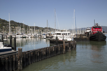 Fototapeta na wymiar Pacific coast harbor landscape marina with fishing boats