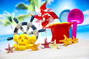 Colorful toys for childrens sandboxes, vacation 