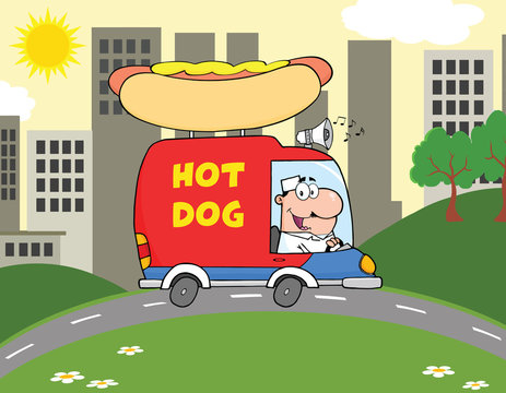 Happy Hot Dog Vendor Driving Truck In The Town