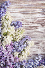 lilac flowers on wood background, blossom branch on vintage wood
