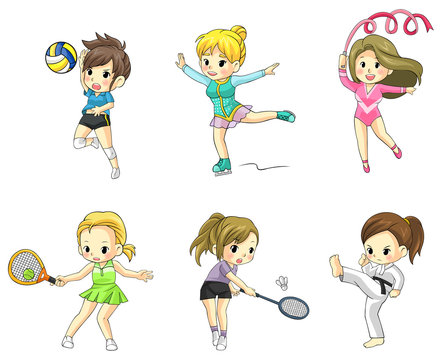 Cartoon athlete girls icon in various type of sports (vector)