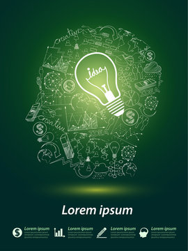 head idea concept with light bulbs on green background