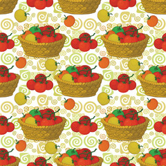 Seamless pattern, baskets and tomatoes