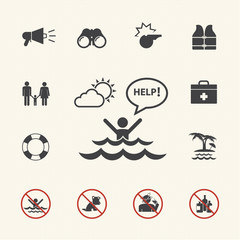 Lifeguard and beach warning icon set